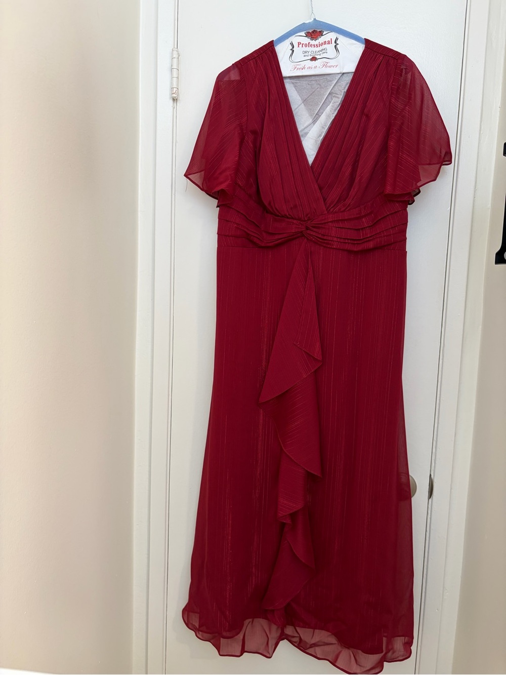 Ever Pretty Deep Red V-Neck Maxi Dress with Ruffle Front
